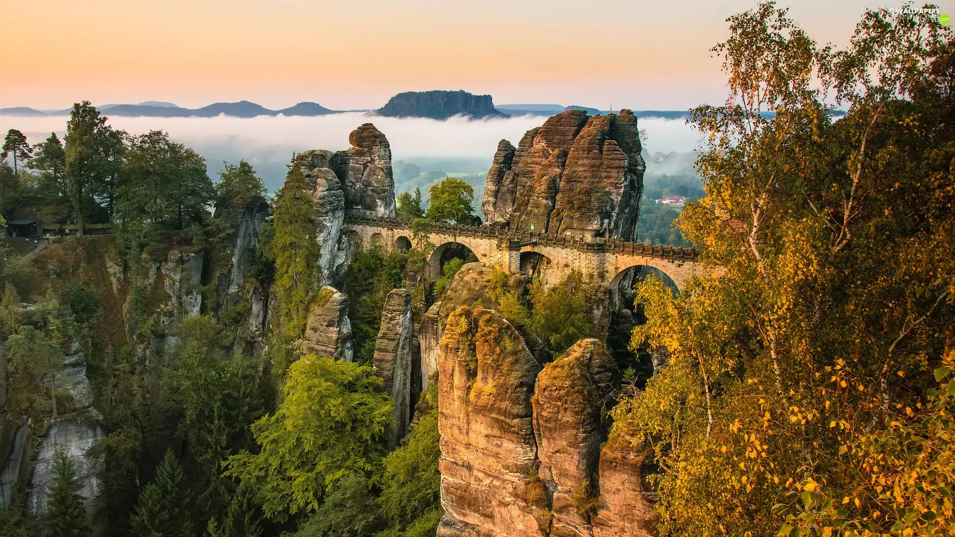 Stone Bridge, rocks, Germany, trees, Děčínská vrchovina, Bastei Rock Formation, Saxon Switzerland National Park, viewes