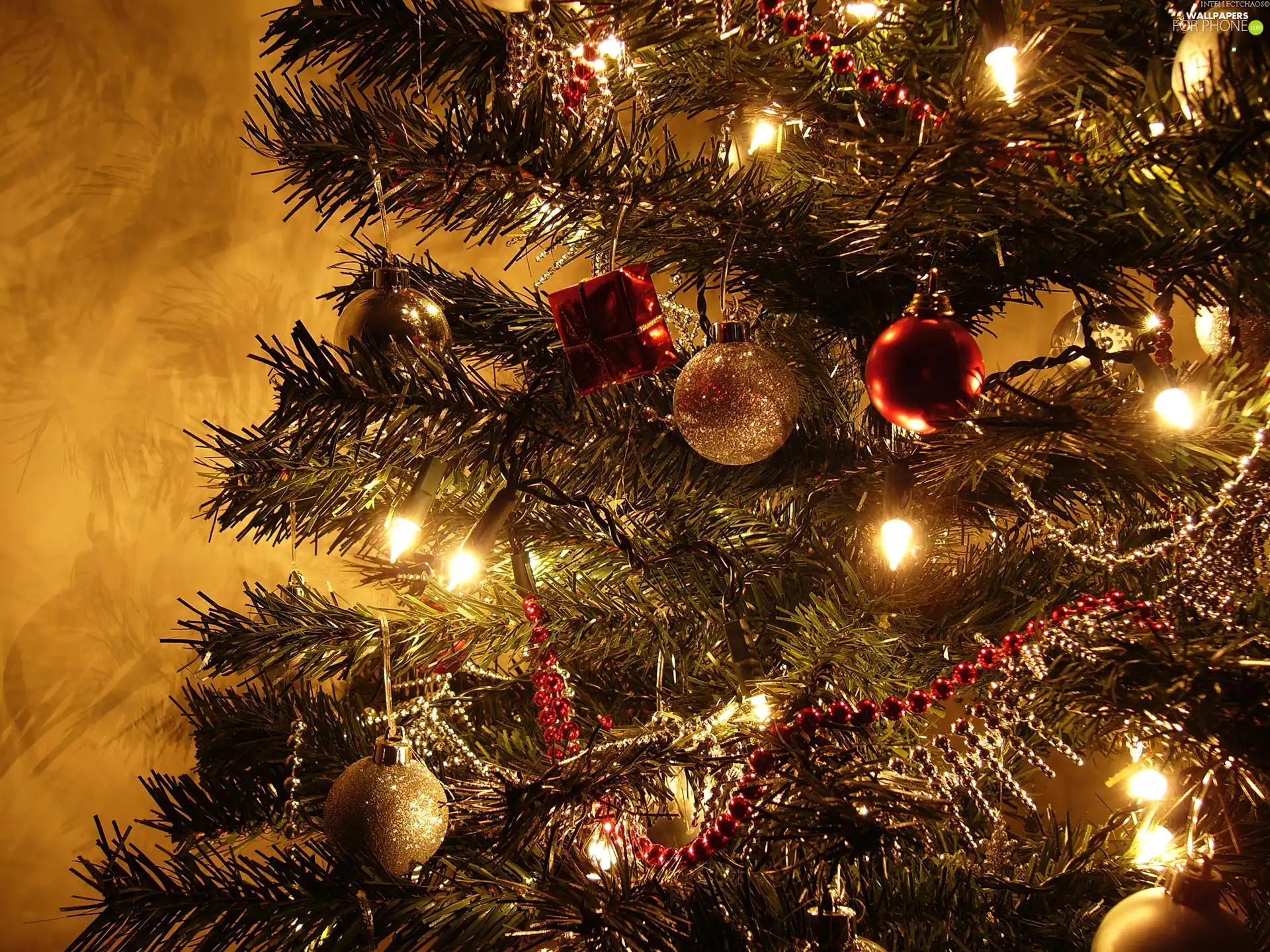 Lights, christmas tree, baubles