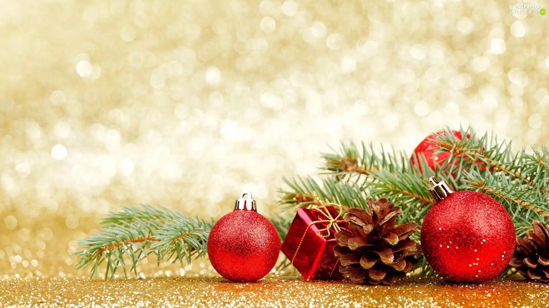 spruce, Christmas, Present, Twigs, decoration, baubles, cones