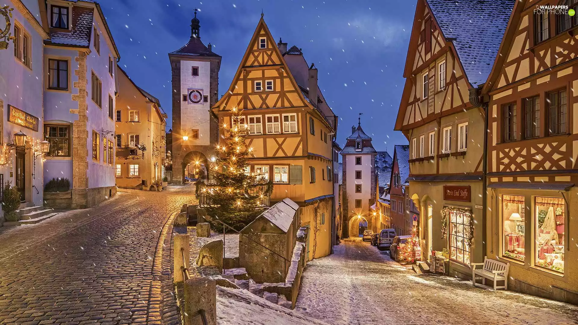 decor, winter, Christmas, christmas tree, lighting, Germany, Bavaria, Houses, alley, Rothenburg ob der Tauber, snow