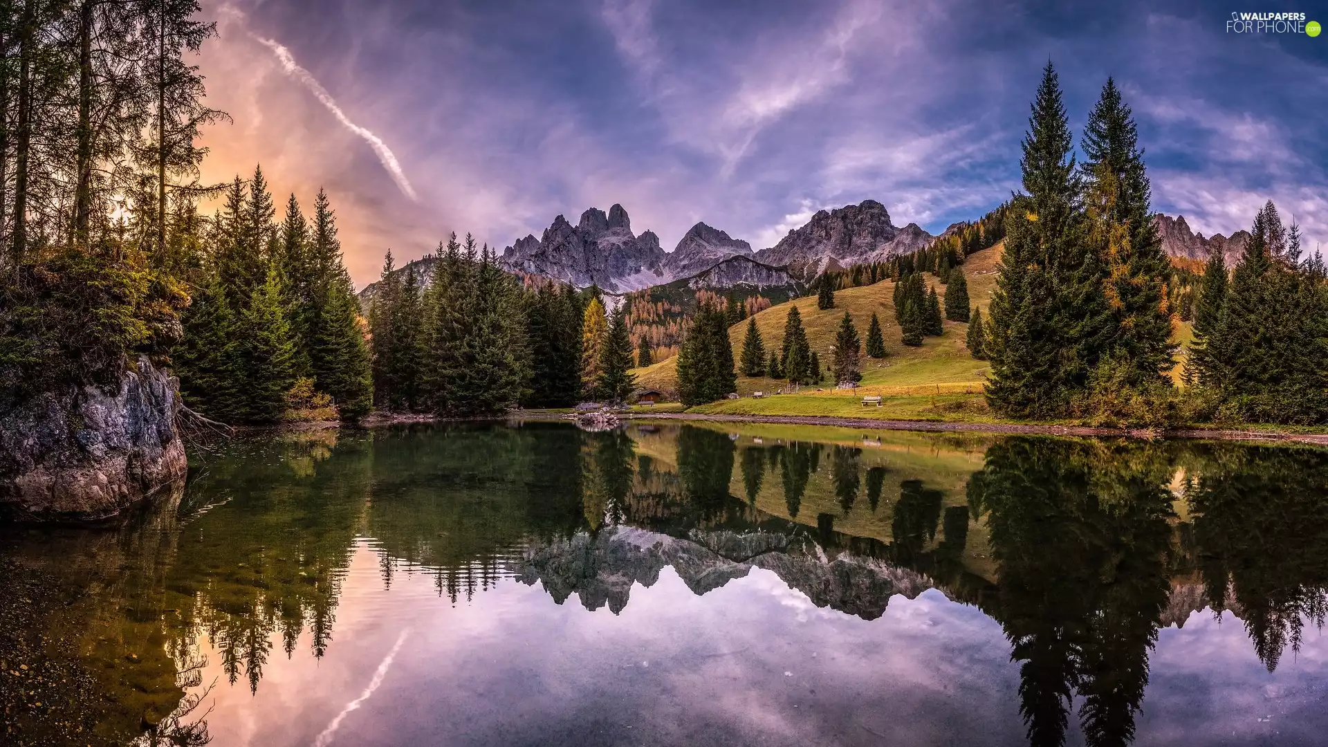 viewes, bench, lake, trees, Mountains