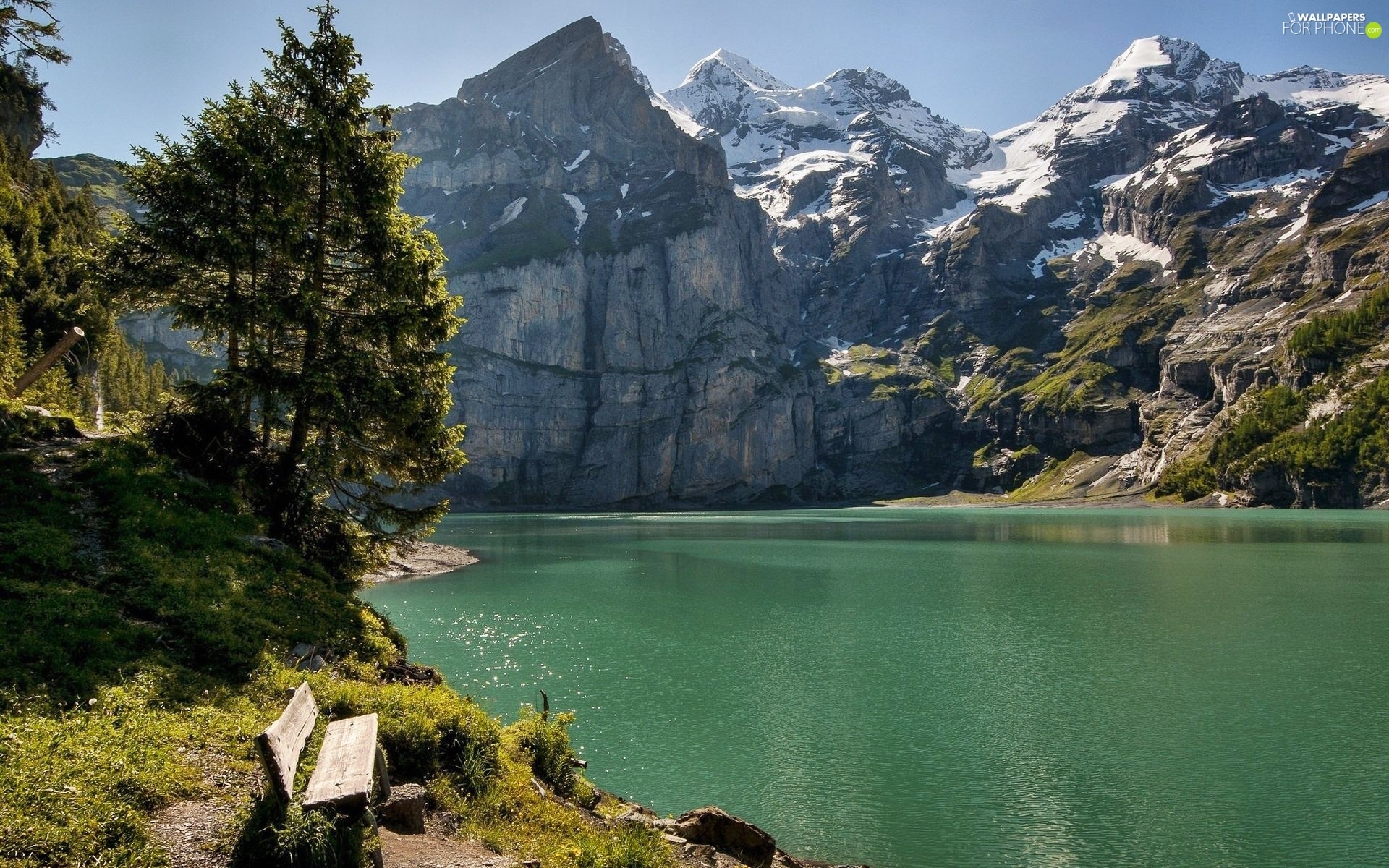 Bench, Mountains, lake
