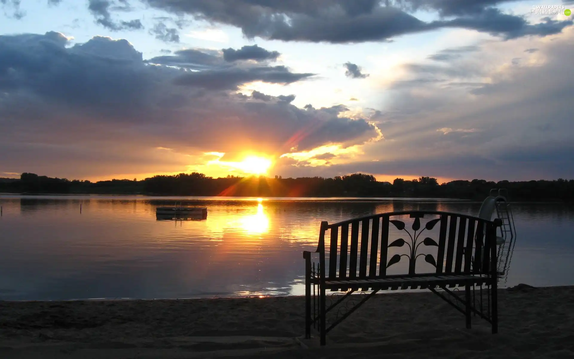 lake, sun, Bench, west