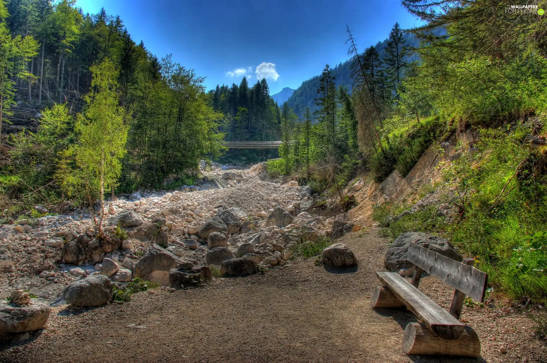 Mountains, Stones, Bench, forest