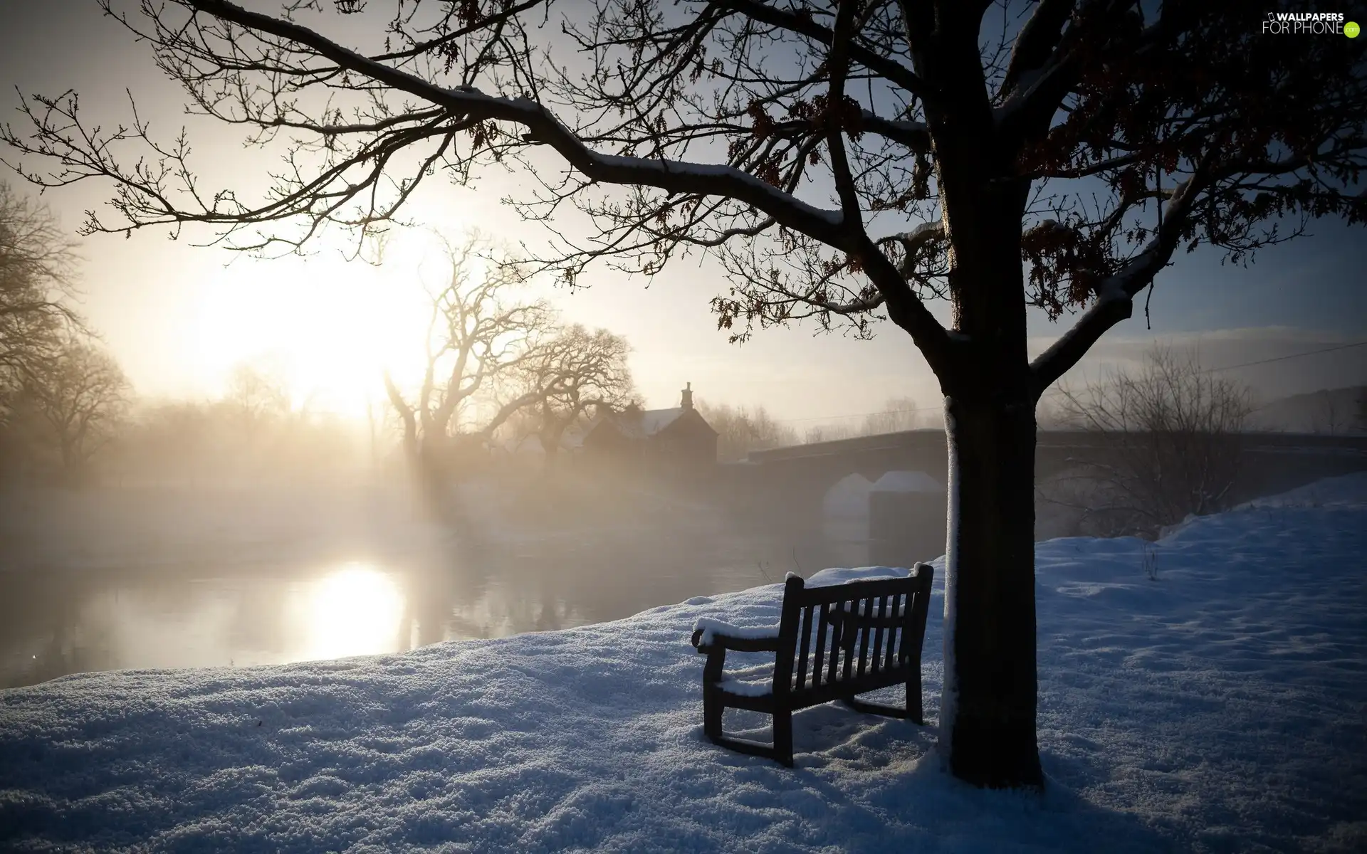 Bench, winter, bridge, Fog, River