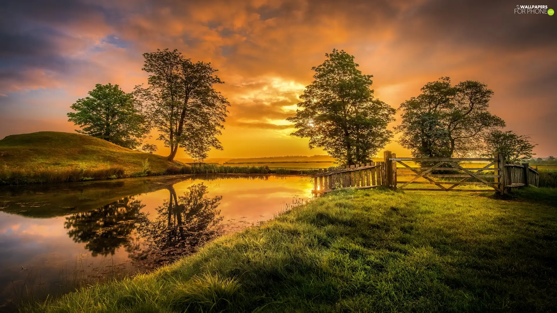 Cambridgeshire County, England, Peterborough City, Lyveden New Bield Sstate, viewes, fence, Sunrise, trees, Pond - car