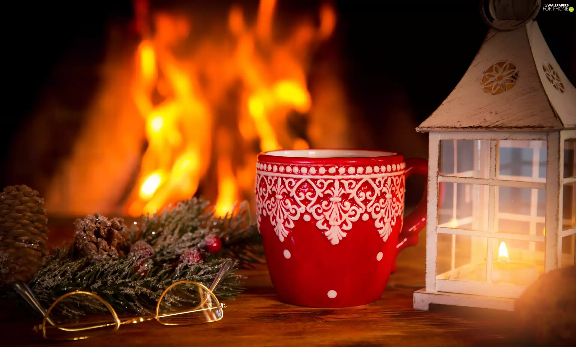 lantern, composition, Glasses, Big Fire, Cup, Christmas