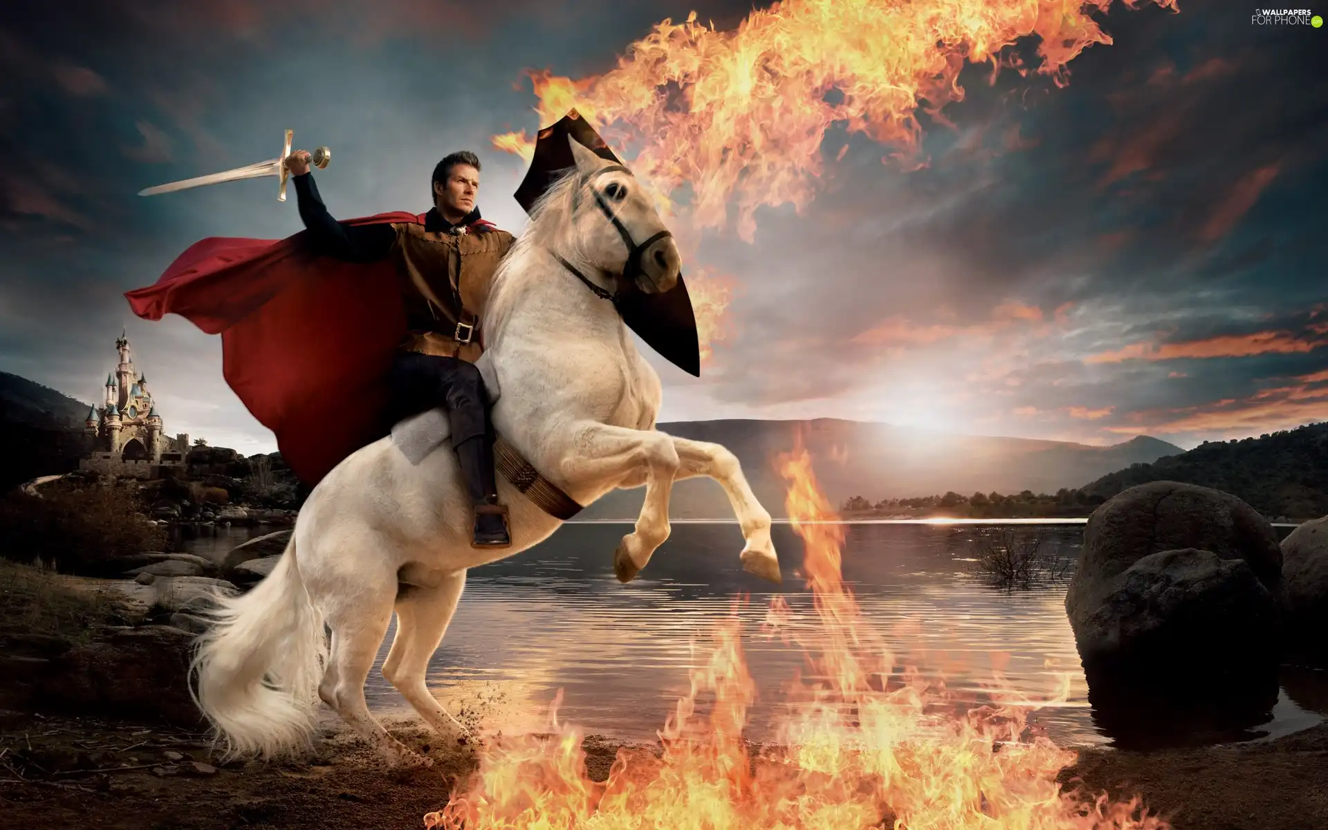 a man, sword, Big Fire, Horse