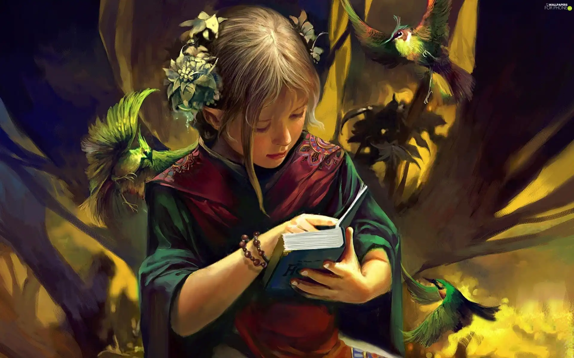 birds, girl, Book