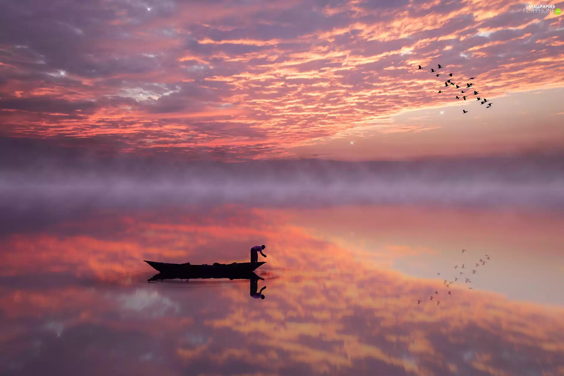 reflection, Great Sunsets, Fog, clouds, lake, Boat, birds
