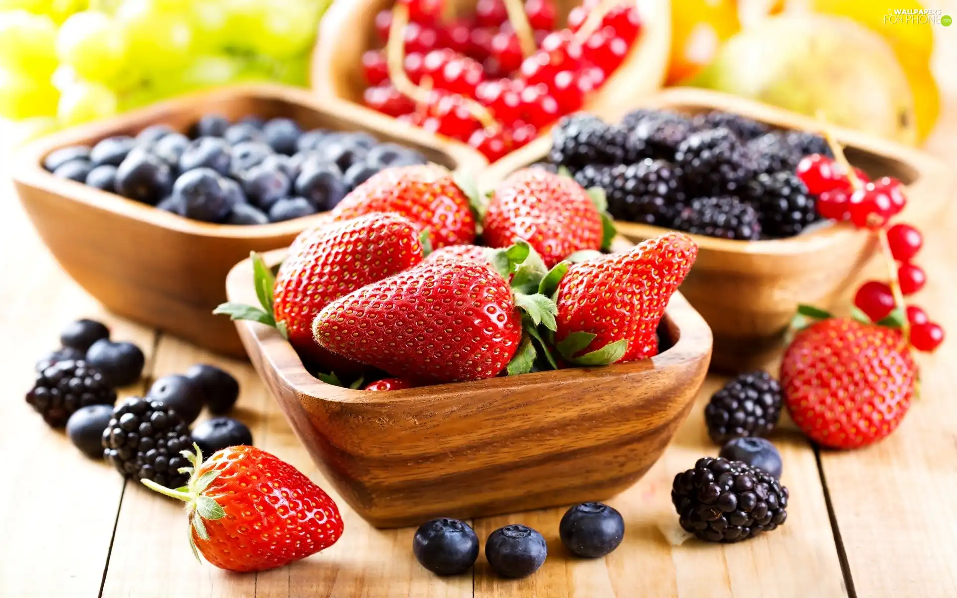 Bowls, blueberries, strawberries, blackberries