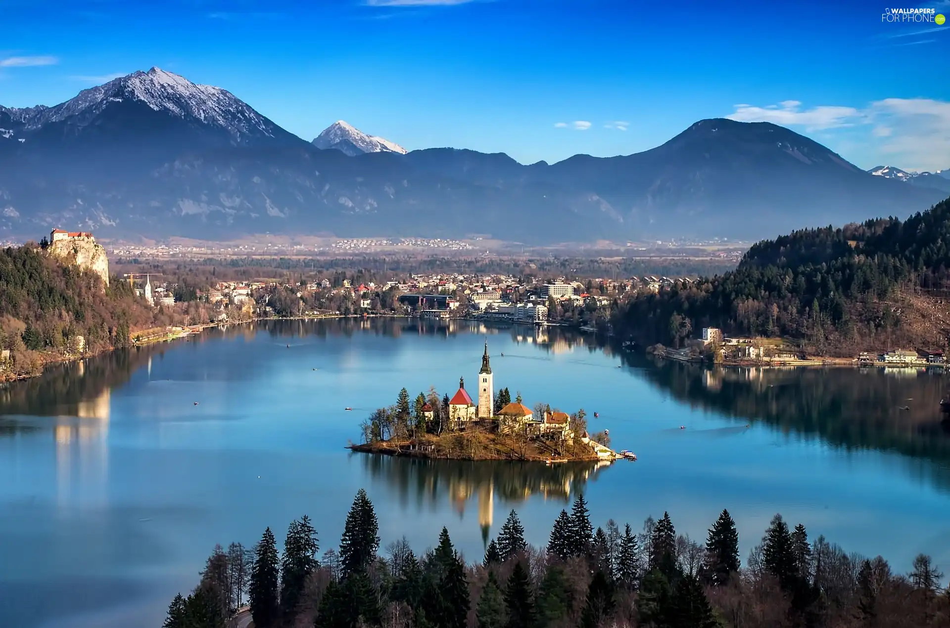 Bled, Slovenia, lake, Island, Mountains