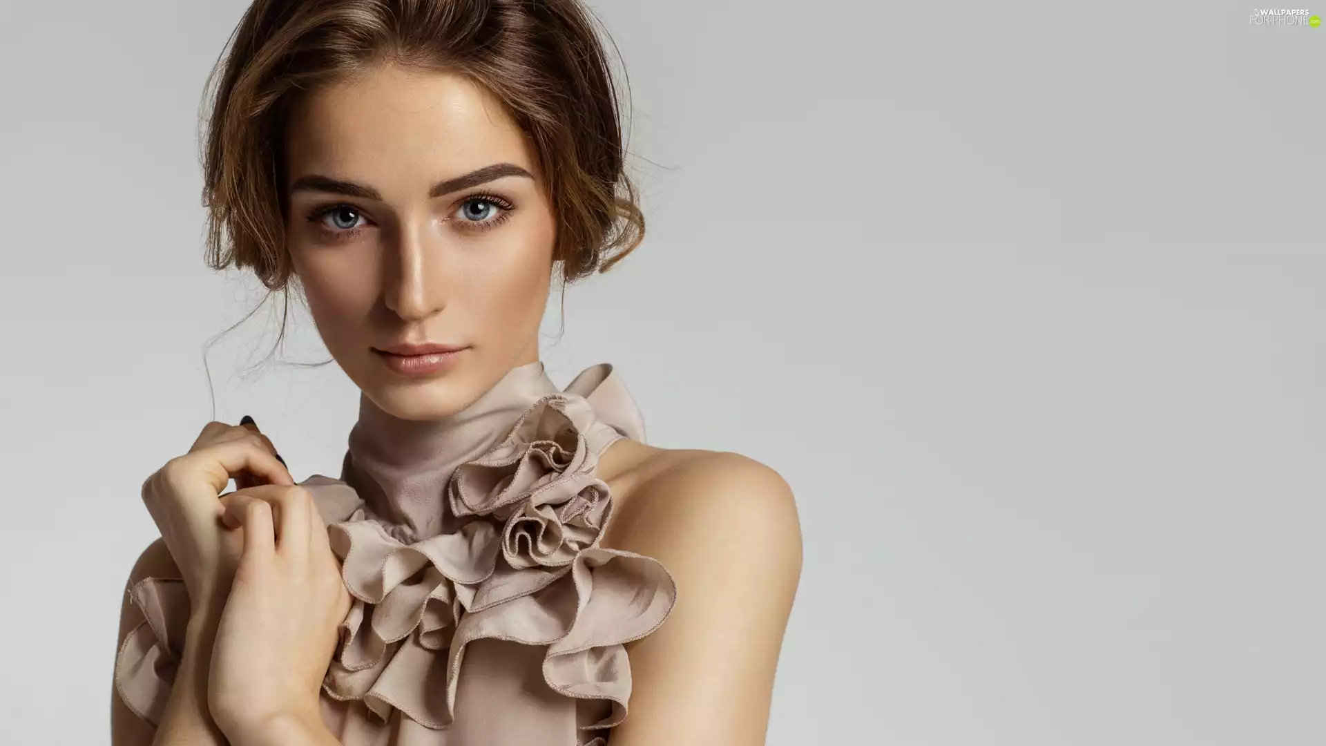 Women, Blouse, frills, light brown