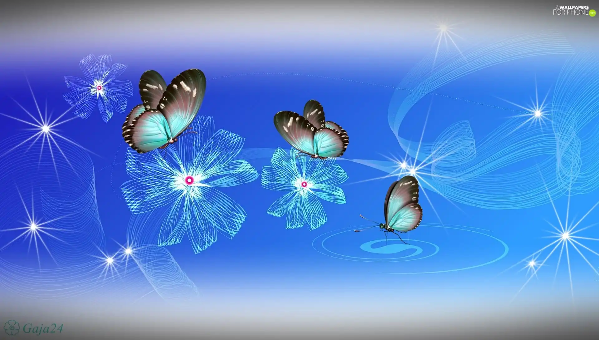 graphics, butterflies, Blue Flowers