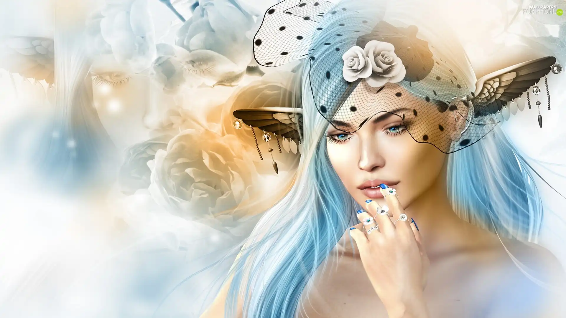 Blue, Hair, Women, veiling, 2D Graphics