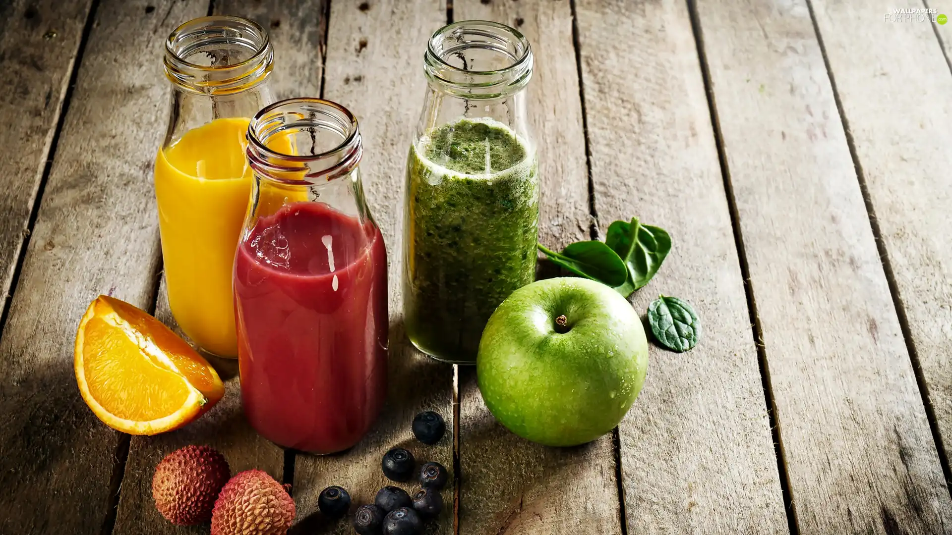 Apple, Juices, orange, blueberries, lychee, Bottles