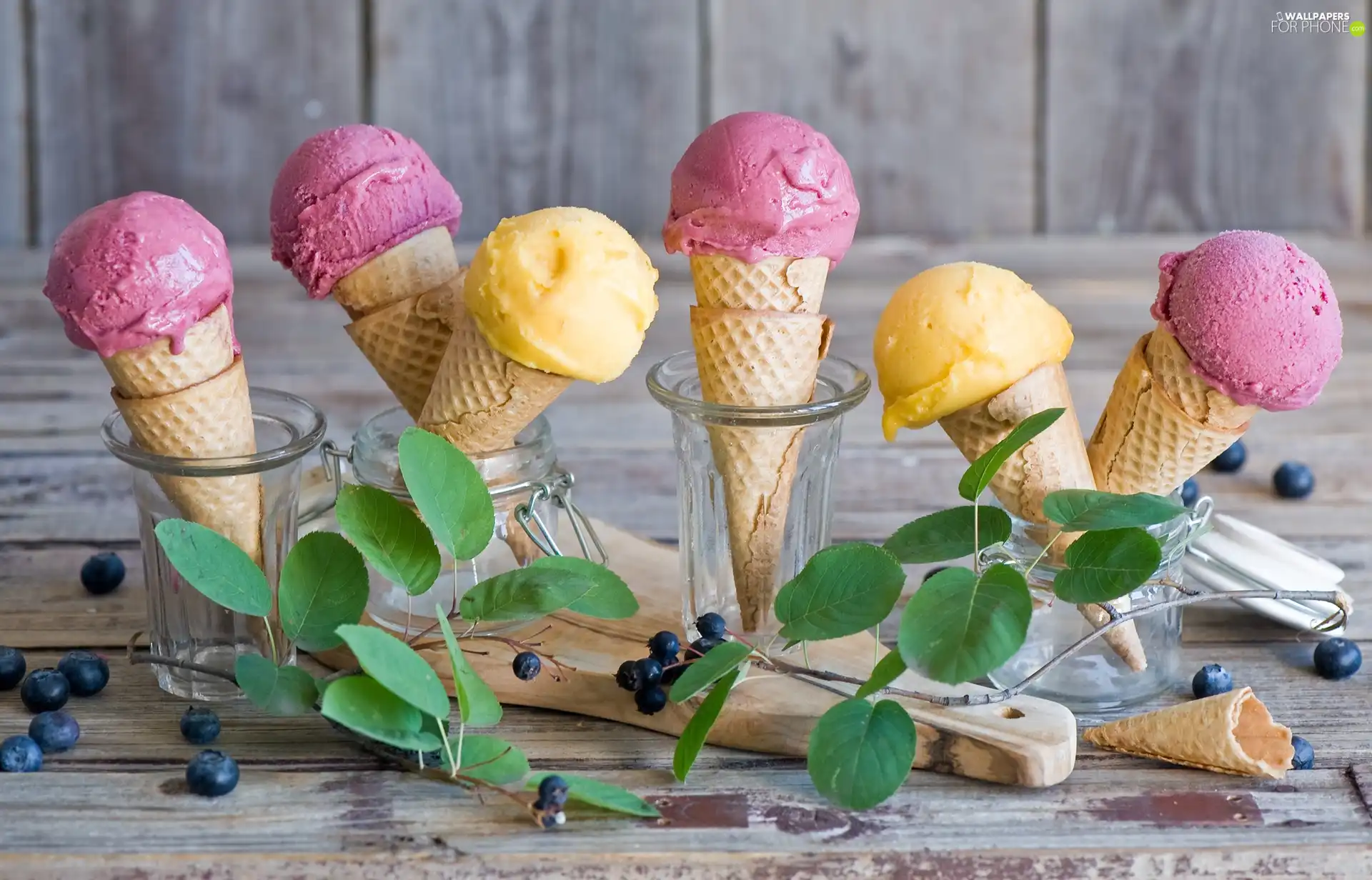 leaves, ice cream, blueberries