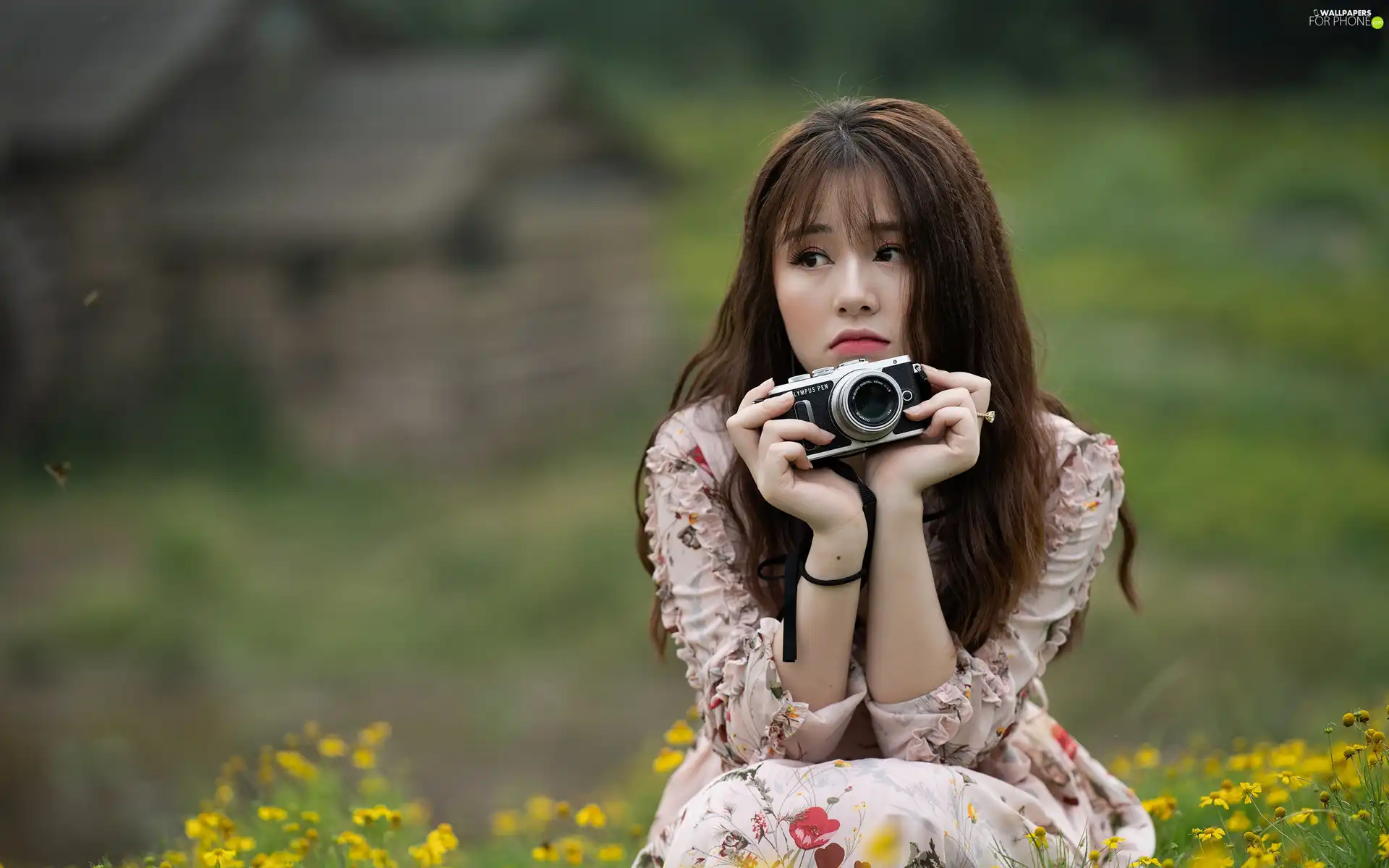 Asian, longhaired, Flowers, blur, Camera, Women