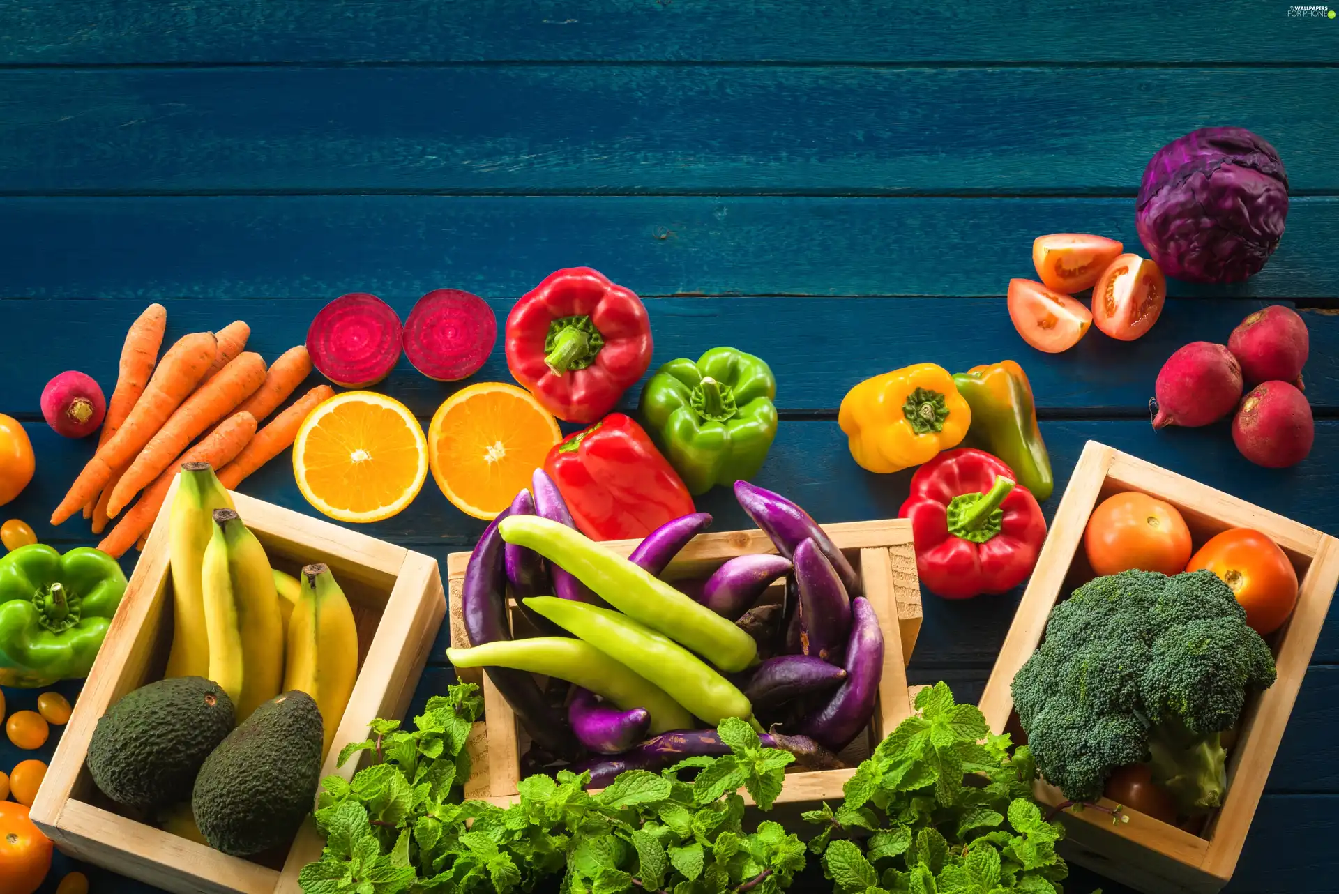 bananas, Fruits, pepper, carrots, tomatoes, boxes, boarding, orange, vegetables, wood, broccoli