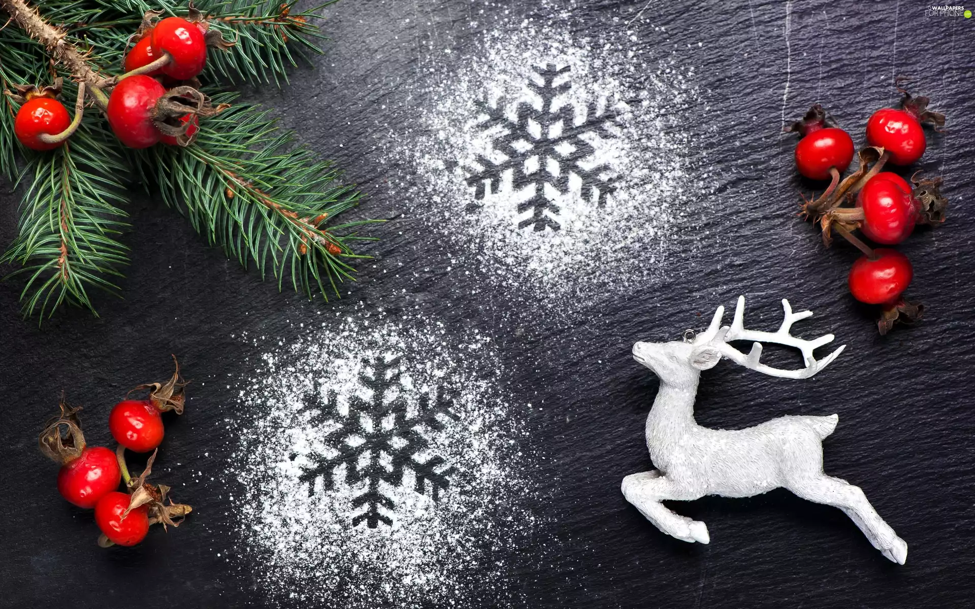 Briar, Christmas, snow flakes, Fruits, composition, deer, boarding