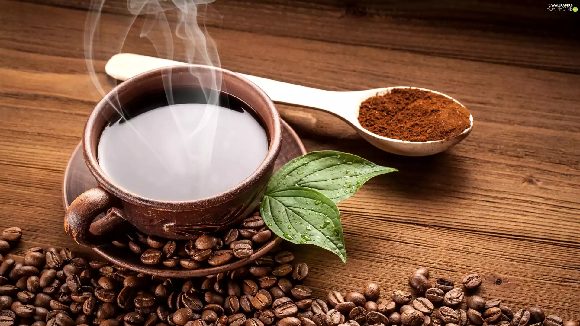 leaves, cup, teaspoon, grains, coffee, green ones, boarding