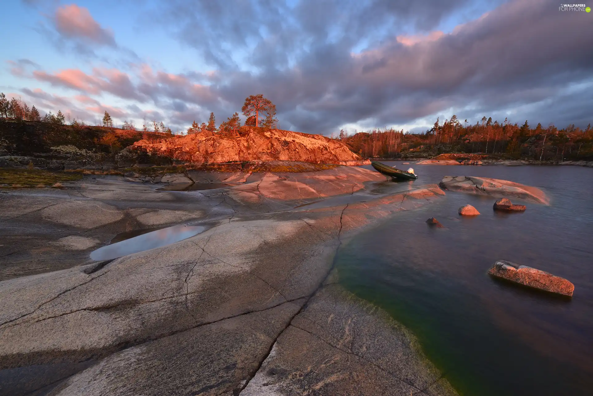 Boat, coast, Great Sunsets, rocks, Lake Ladoga, Stones, Russia