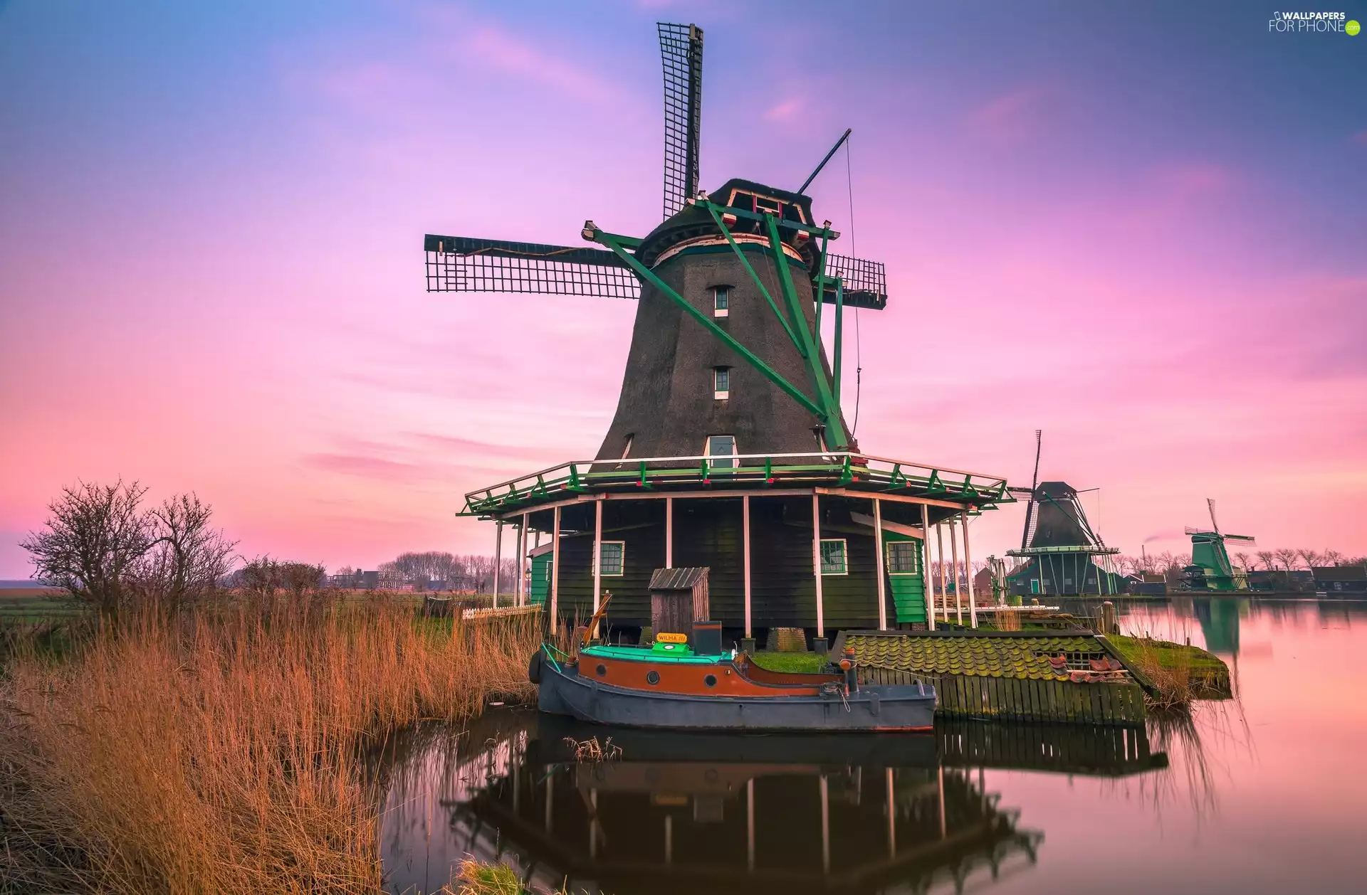 Windmills, River, morning, Boat