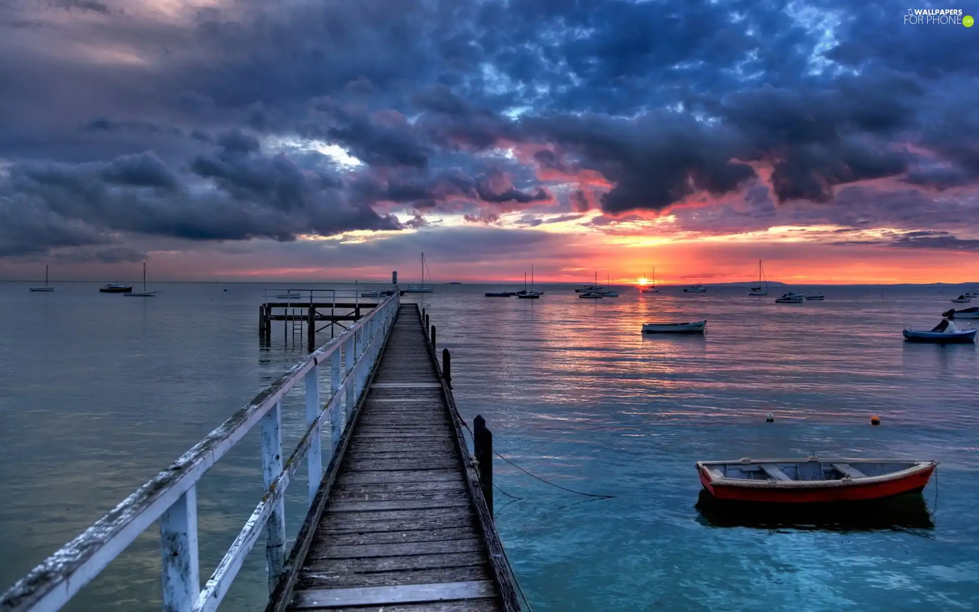 Boats, Harbour, sun, clouds, west