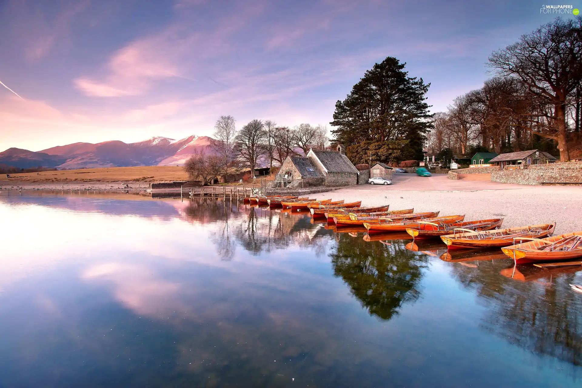 Boats, Houses, lake, Beaches, Mountains