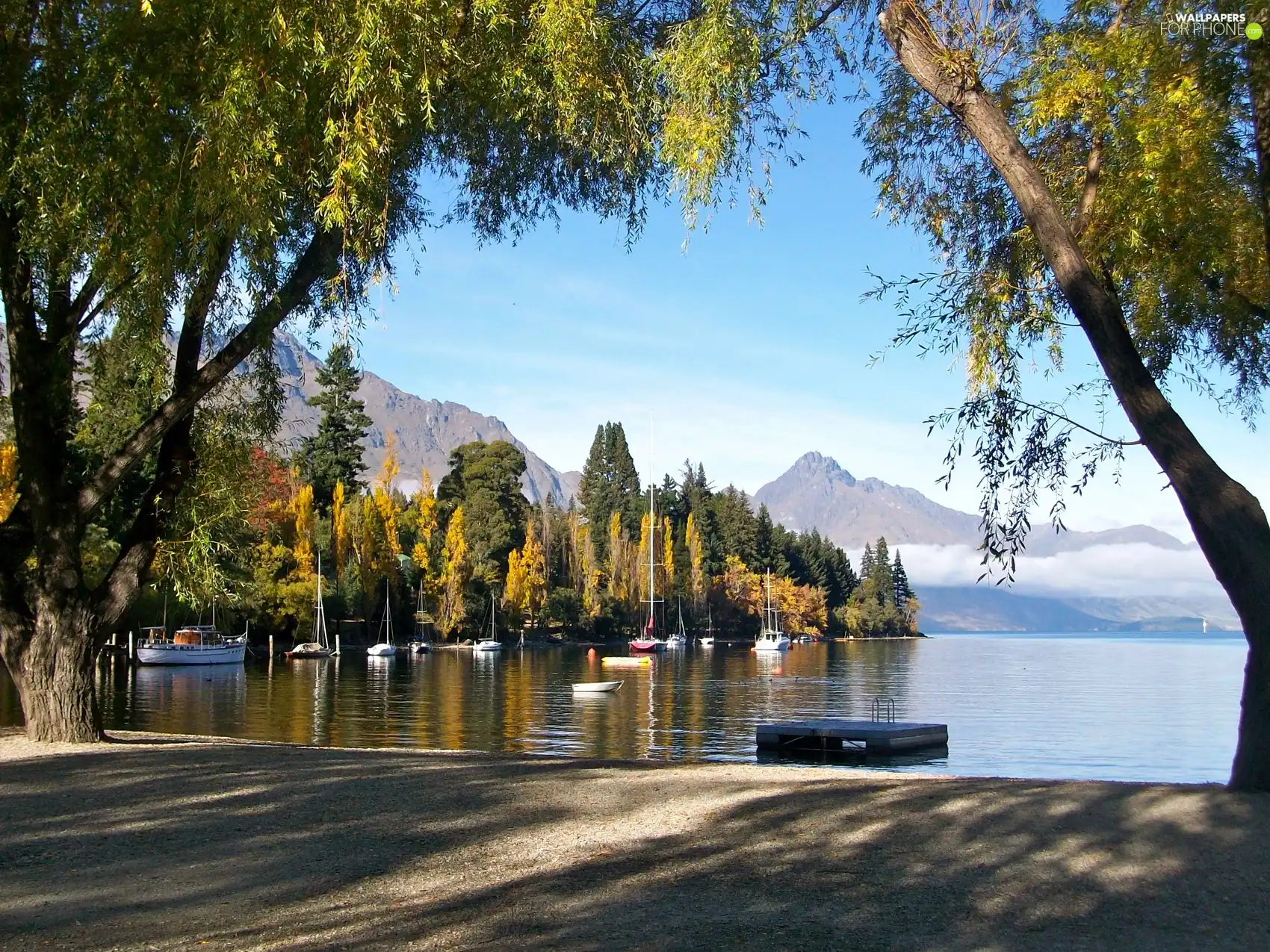 lake, Coast, boats, Mountains