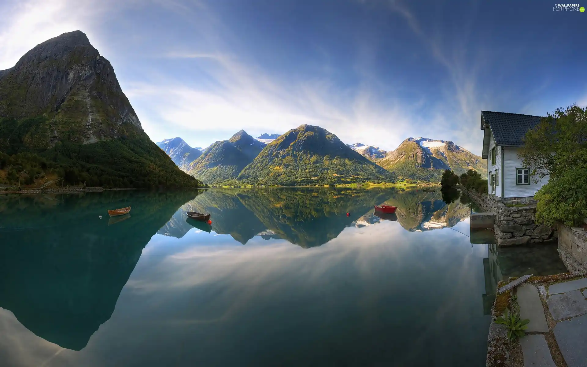 lake, Home, boats, Mountains