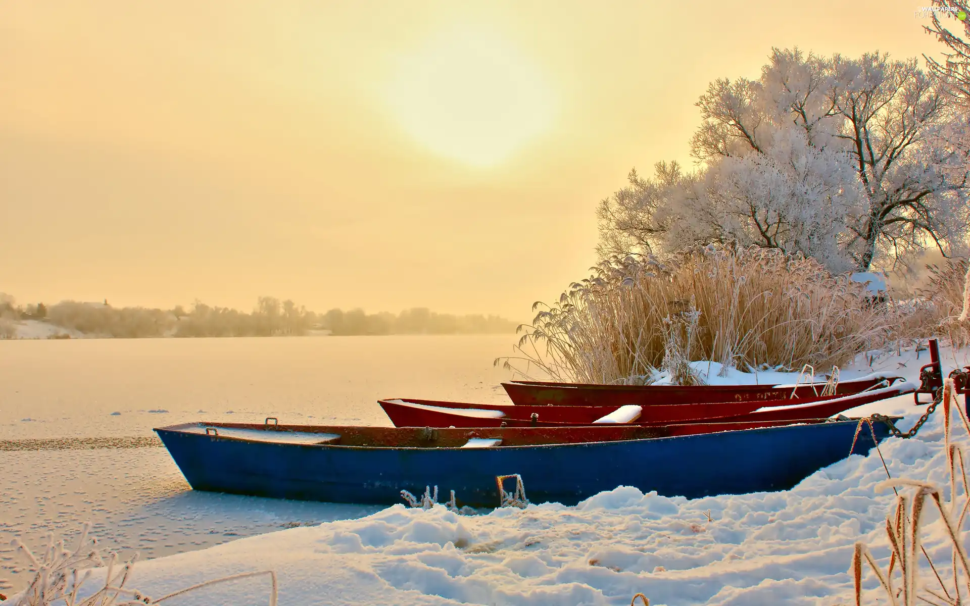 winter, lake, boats, frozen