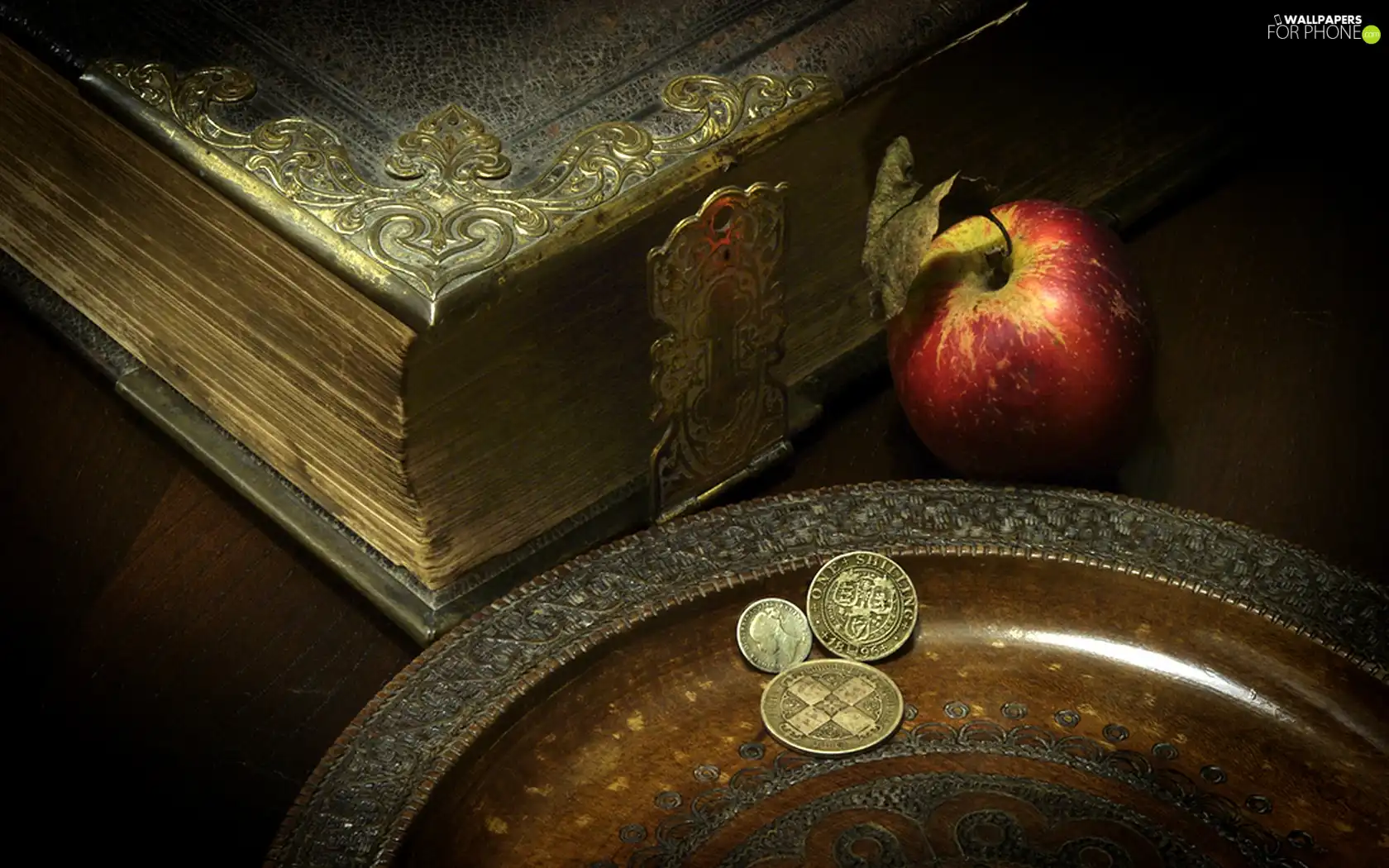 Book, coins, Apple, Old, Red
