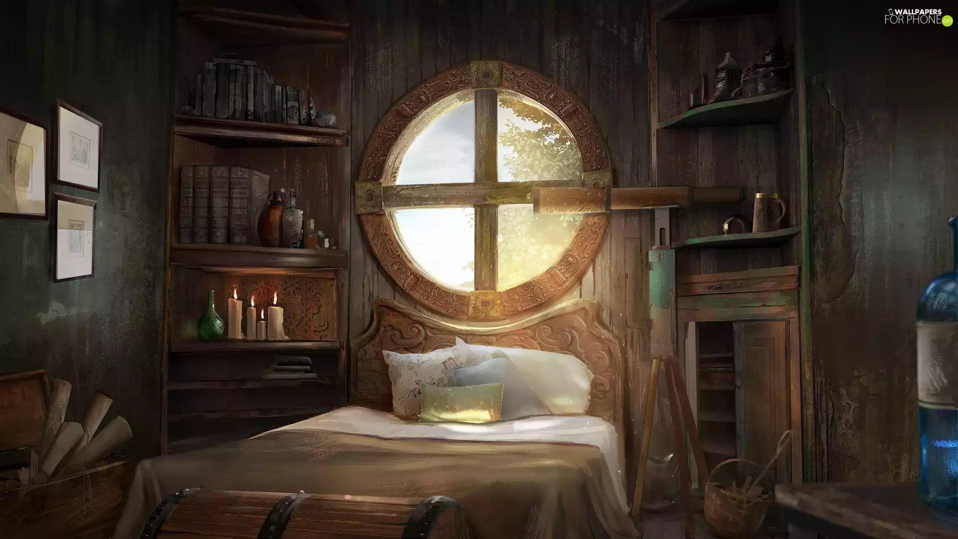 White Bed, Bedroom, Books, Paintography, shelves, Window