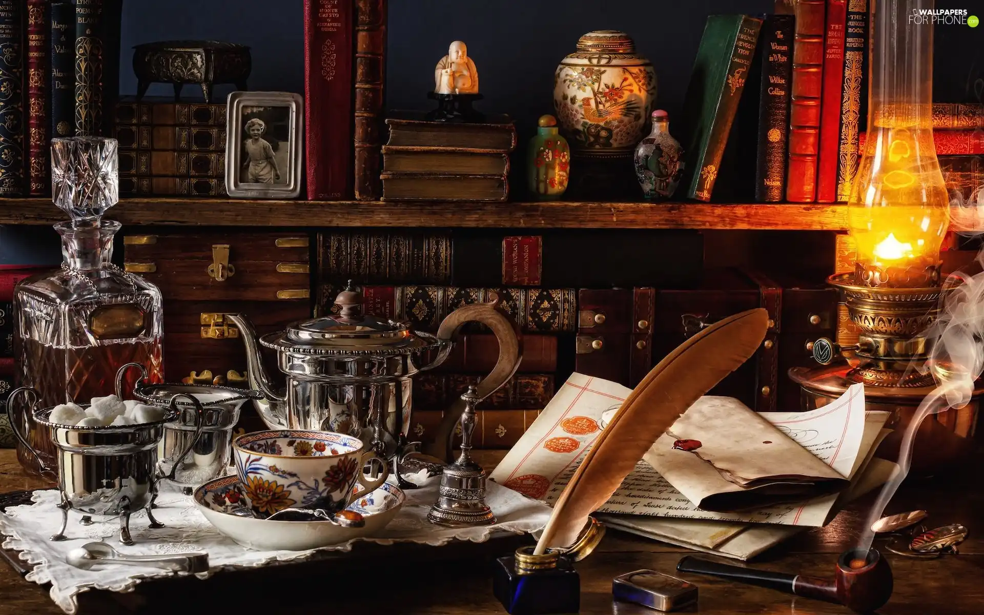 carafe, Lamp, pen, Books, composition, kettle, cup