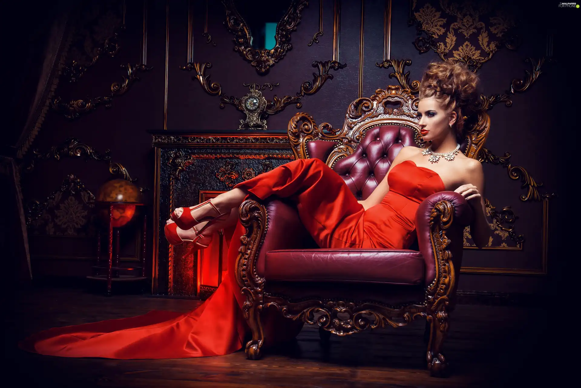 Dress, Boots, Armchair, head-dress, jewellery, red hot, Women, make-up