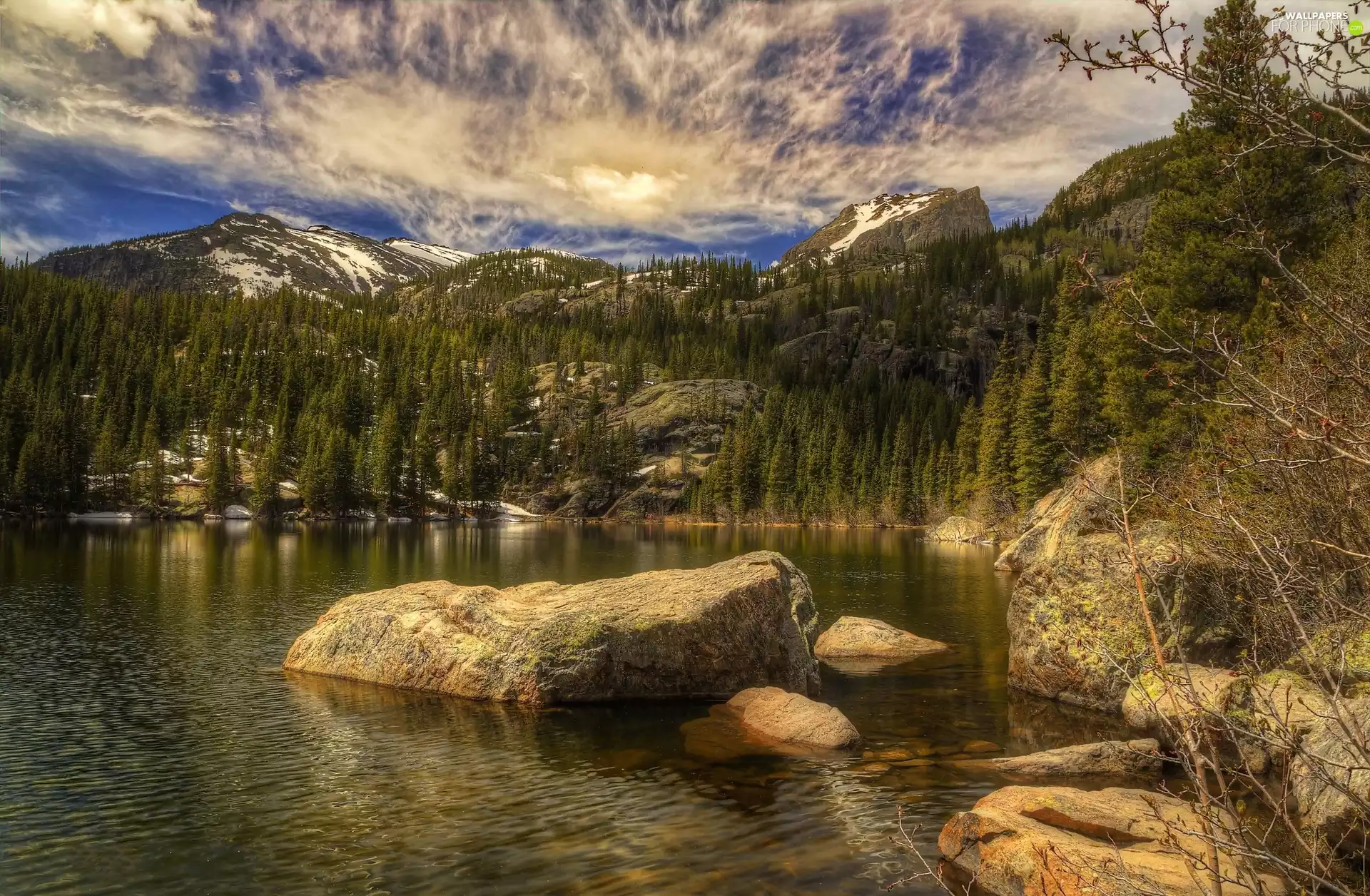forest, Stones, viewes, boulders, lake, trees, Mountains