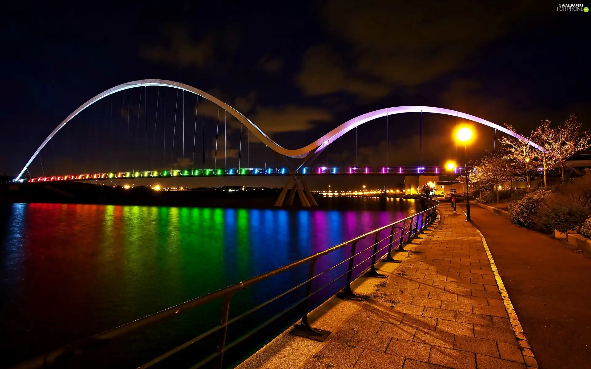 River, bridge, boulevard, Floodlit