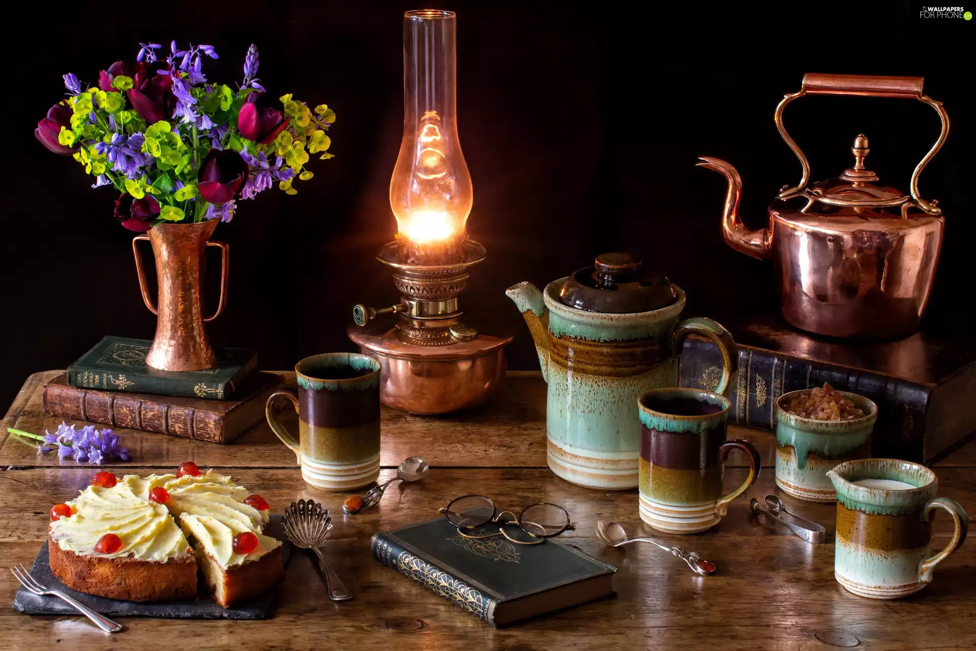 bouquet, Oil Lamp, Flowers, kettle, cups, composition, cake, Books, jug