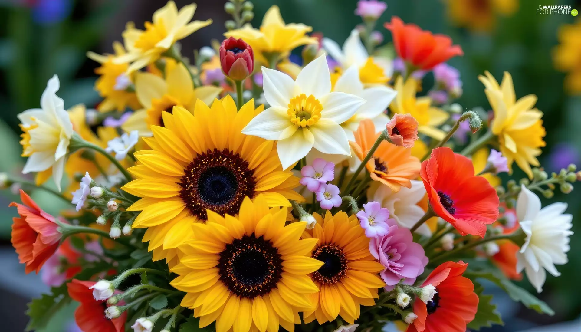papavers, Flowers, color, bouquet, narcissus, Nice sunflowers