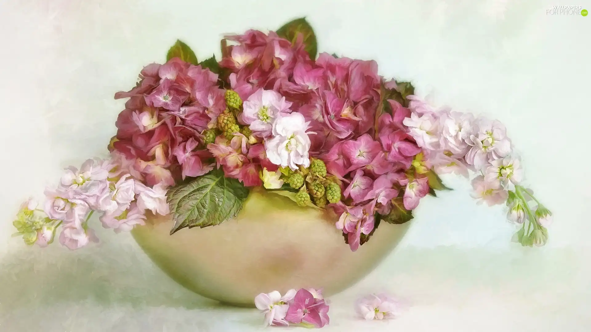 bowl, bouquet, Flowers, hydrangeas, graphics