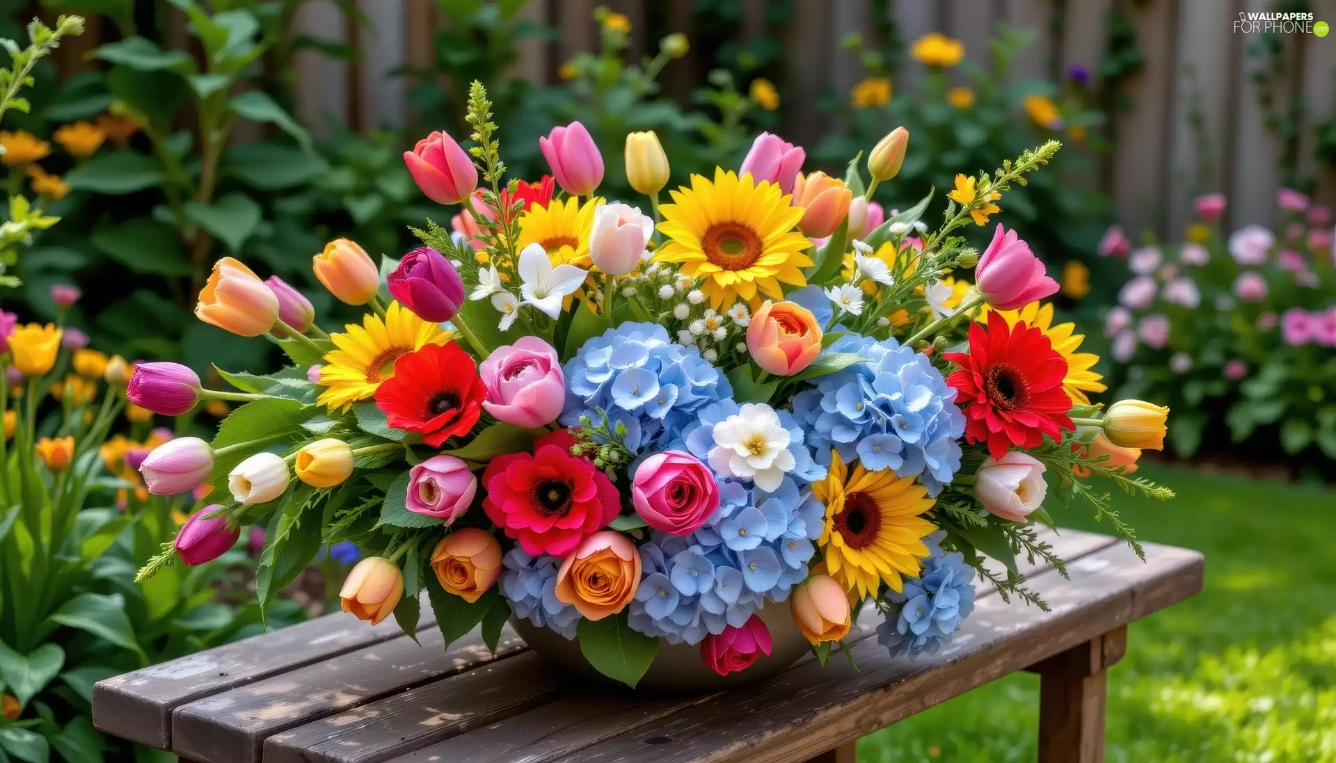 Nice sunflowers, Flowers, bouquet, Table, hydrangeas, Tulips