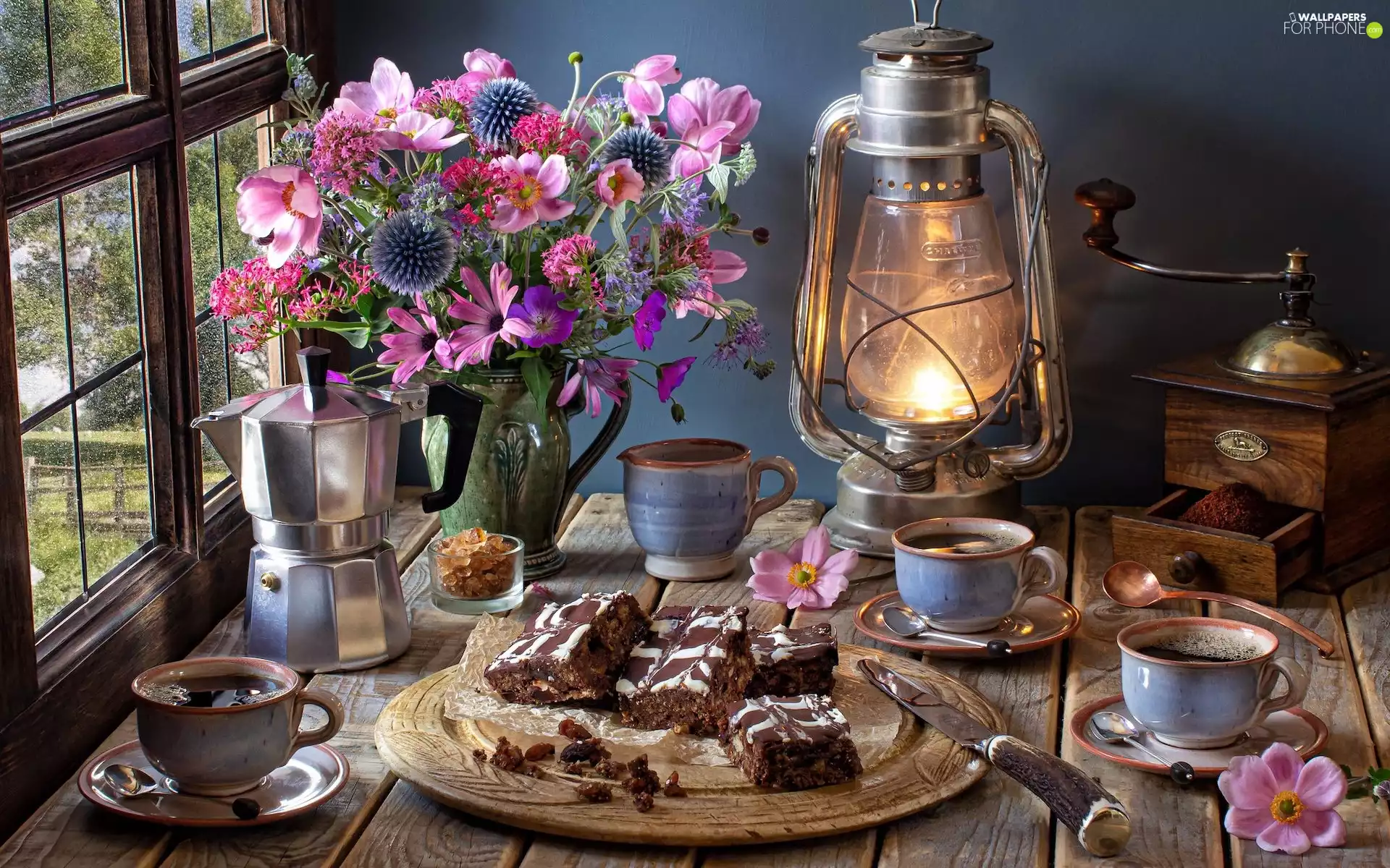 Tableware, Lamp, cups, Bouquet of Flowers, Coffee Percolator, composition, mill, Window, Vase, cake