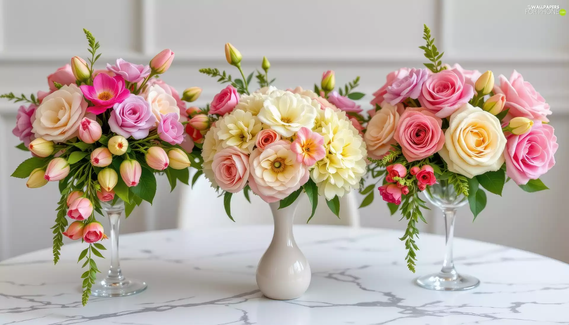 Bouquets, Three, Flowers, roses, blade, Table, vase, Marble, Tulips