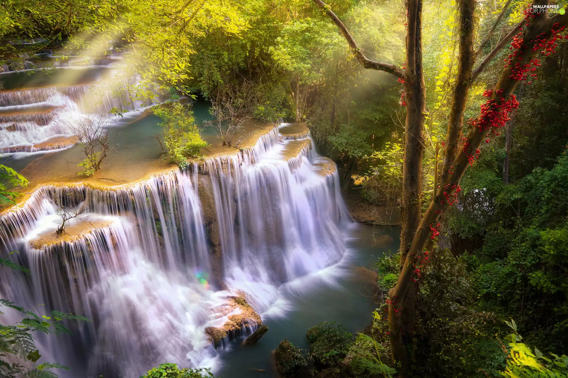 Thailand, Huai Mae Khamin Waterfall, light breaking through sky, Kanchanaburi Province