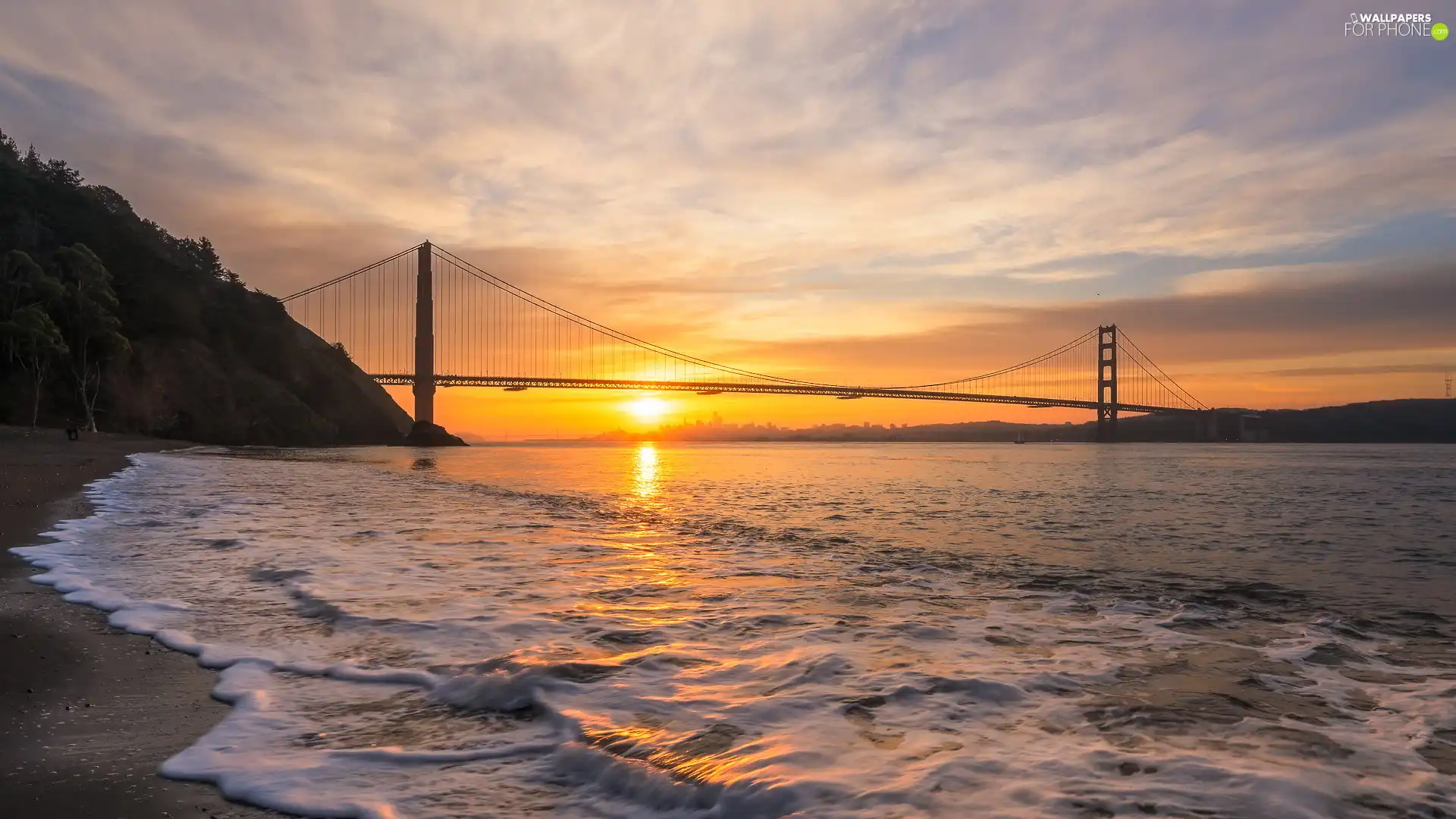 Sunrise, Golden Gate Bridge, California, Golden Gate Strait, bridge, San Francisco, The United States