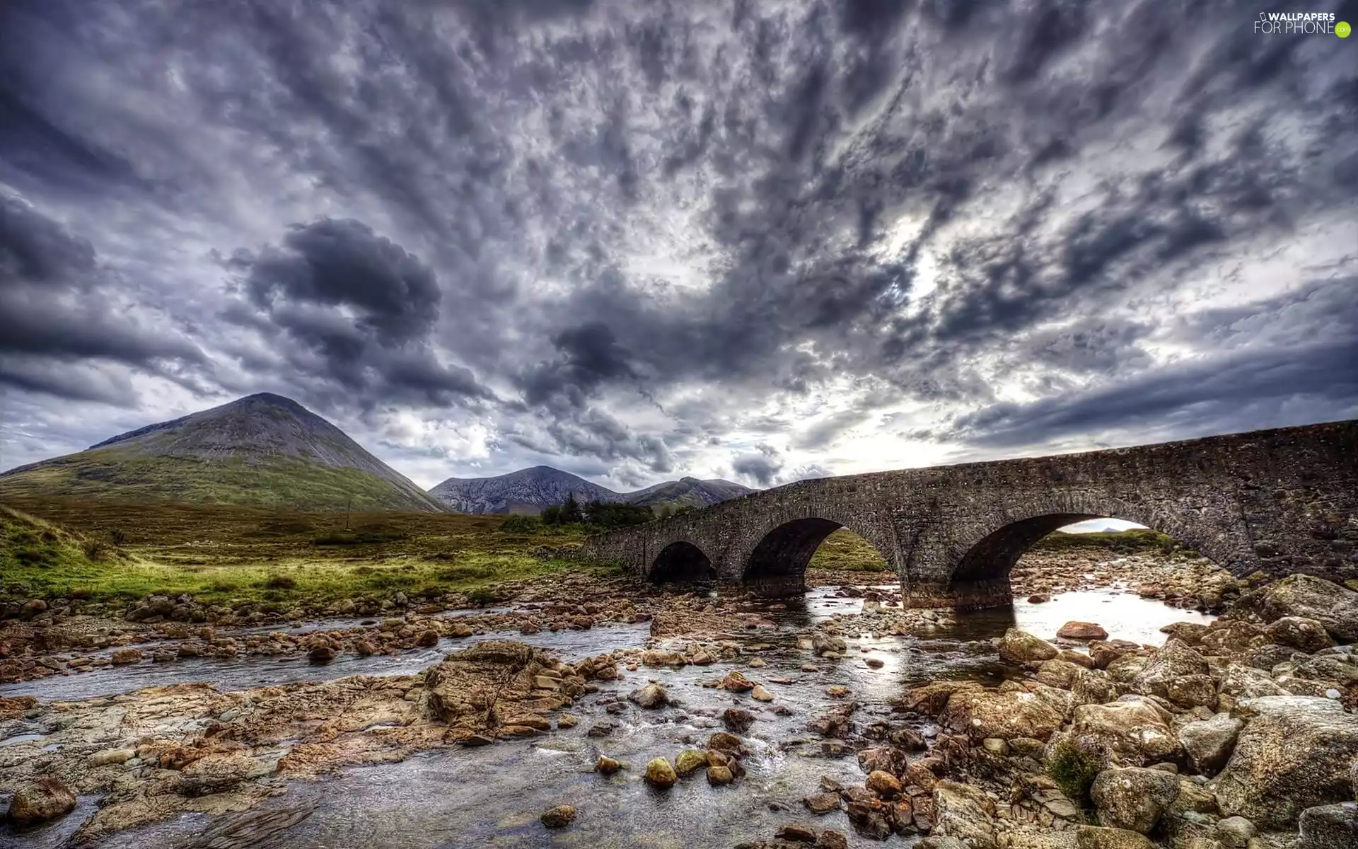 clouds, River, Stones, bridge