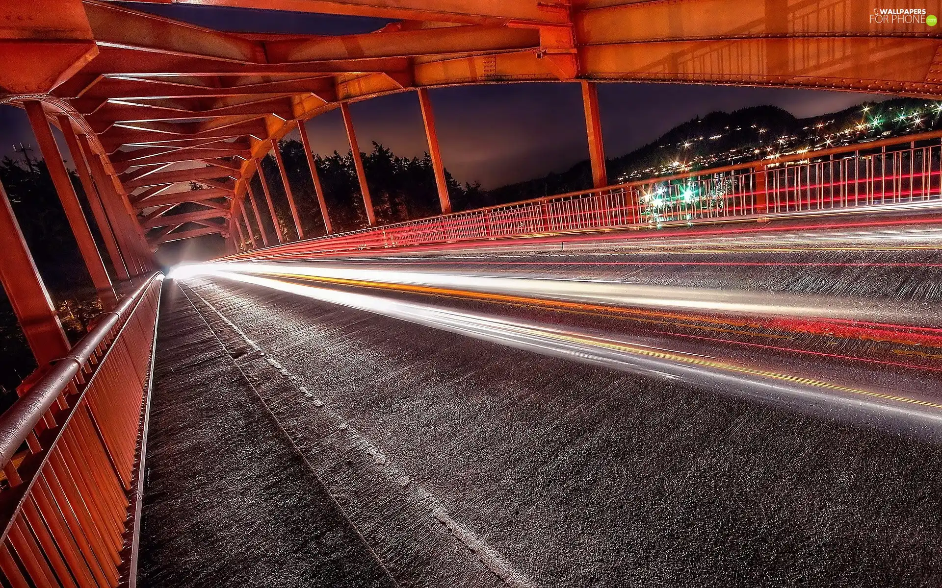 bridge, Town, Floodlit