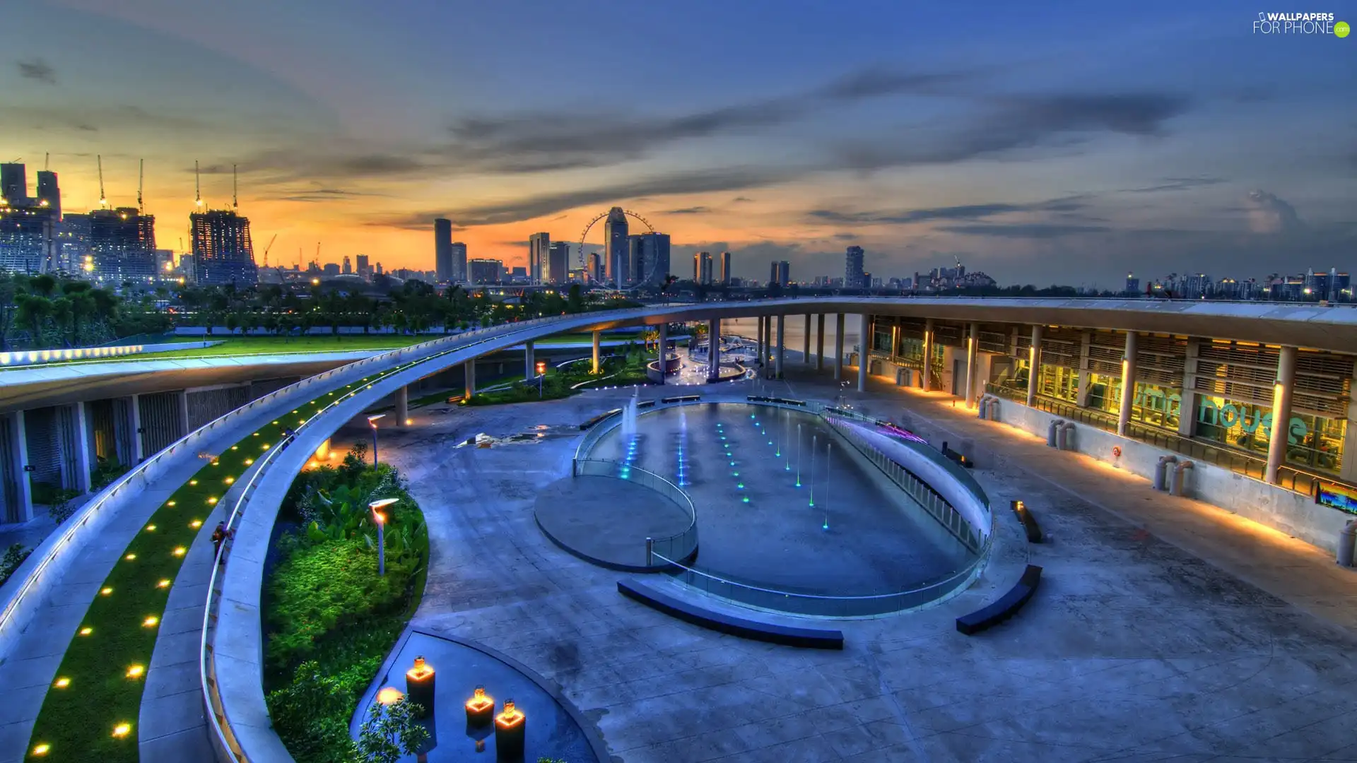 skyscrapers, graphics, bridge, fountain, clouds, Town