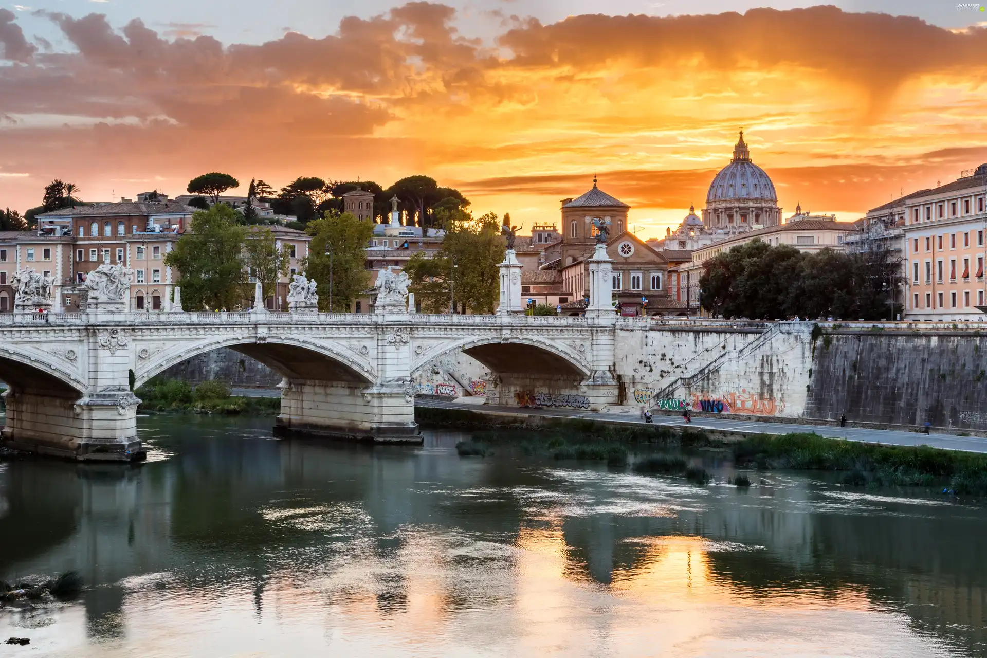 bridge, Houses, Rome, River, Italy